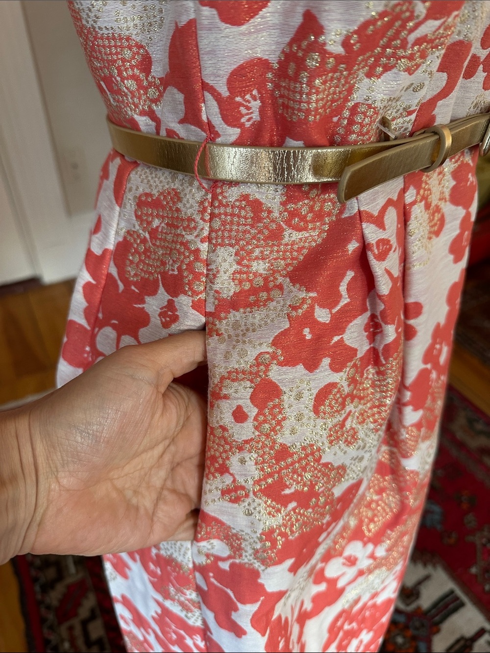 NWT Tahari Arthur Levine Retro Coral and Gold Brocade Cocktail Dress “Bonnie” - Picture 5 of 15